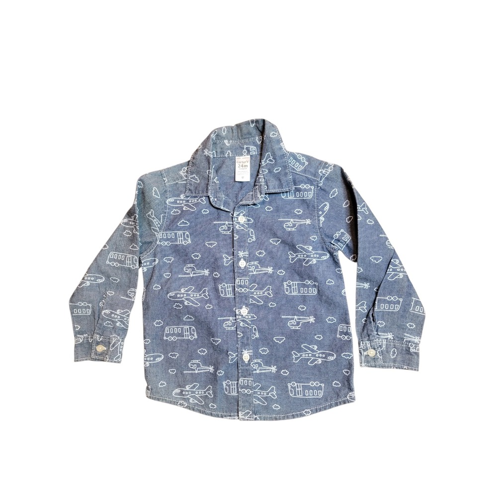 Carter's Button Down Shirt Toddler 24M Blue Excellent Airplane Print Long Sleeve
